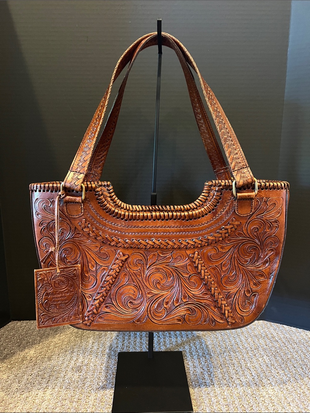 Vilenca Holland Hand-Tooled Brown Leather Shoulder Bag with Braided Accents